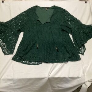 Melissa Paige Woman Dark Green Lace Bell Sleeve Tie Neck Blouse Top 3X